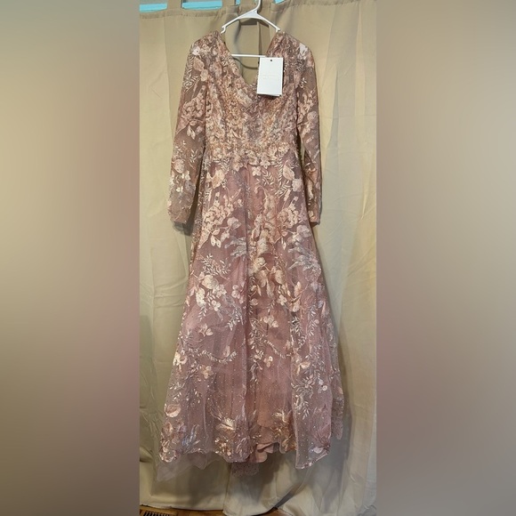 Mac Duggal 20214 NWT Pink Embellished Long Sleeve V Neck A Line Gown - Picture 4 of 6